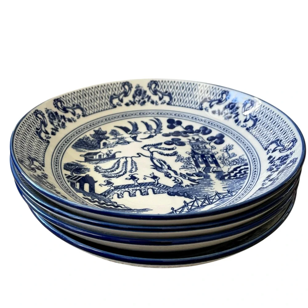 Eaton Fine Dining English Willow 9in Pasta Bowls Blue & White Set of 4 NEW